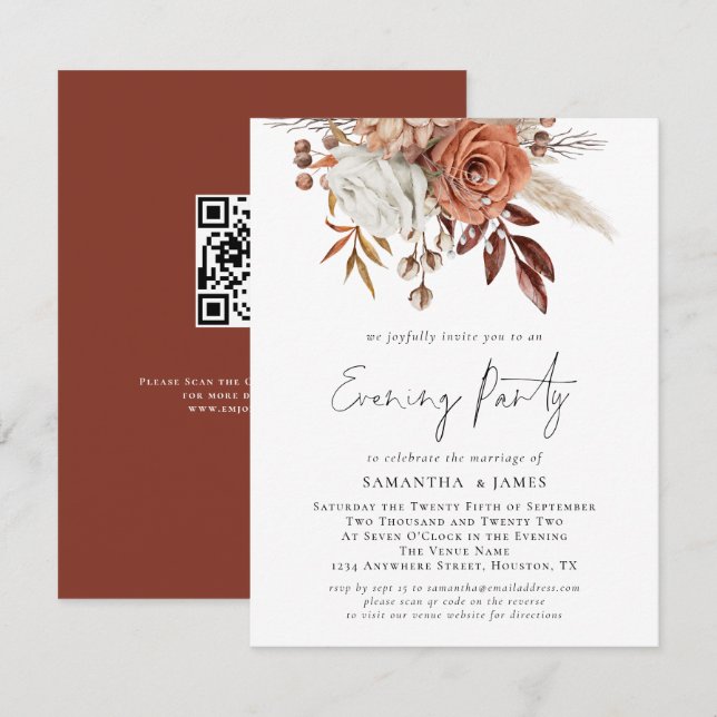 Invitación Terracotta Florals Código QR Boda Fiesta de noche (Anverso / Reverso)