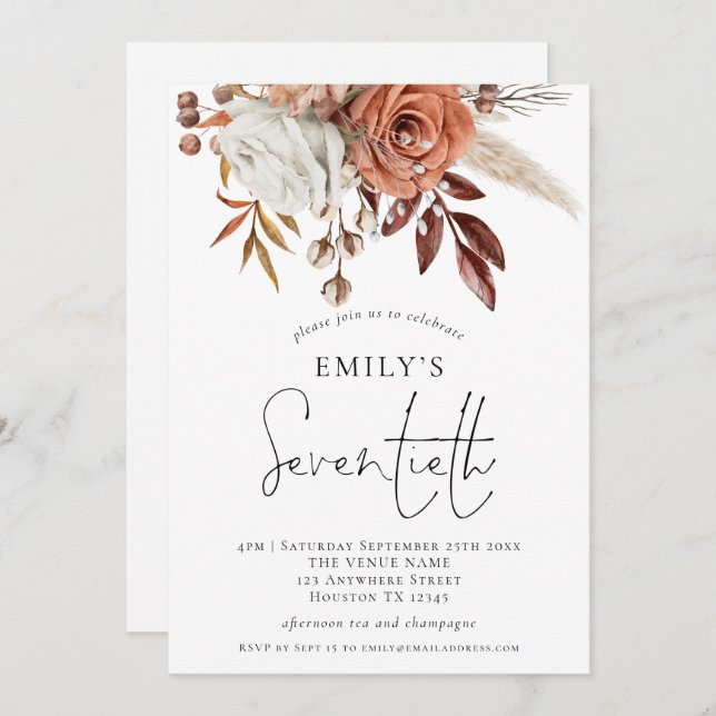 Invitación Terracotta Florals Séptima fiesta de cumpleaños (Anverso / Reverso)