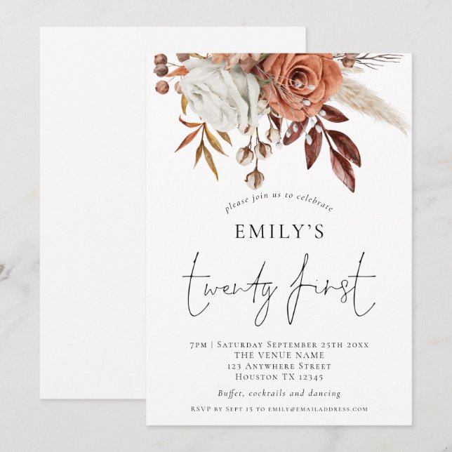Invitación Terracotta Florals Veintitrés Fiesta de Cumpleaños (Anverso / Reverso)