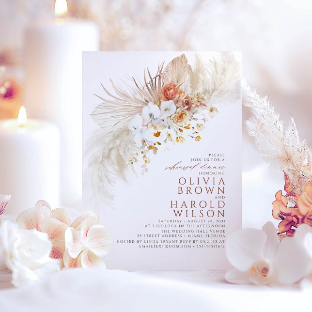 Invitación Terracotta Flores Blancas Boho Ensayo Cena (Terracotta Floral Boho Rehearsal Dinner Invitations)