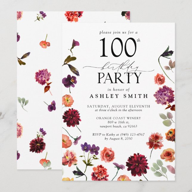 Invitación Terracotta Flowers 100th Birthday Party Elegant (Anverso / Reverso)