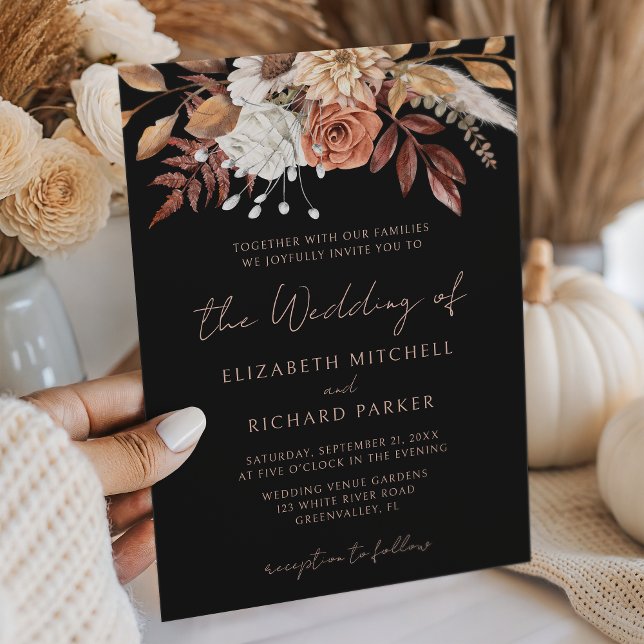 Invitación Terracotta Flowers Boho Fall Foliage Black Wedding (Subido por el creador)