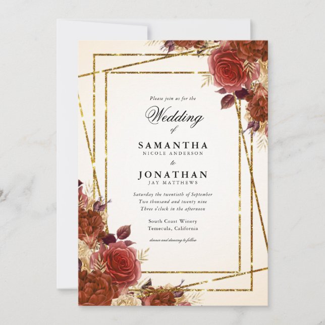 Invitación Terracotta Flowers Purpurina Oro Boda otoño (Anverso)