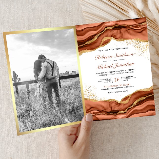 Invitación Terracotta Gold Abstract Ink QR Code Wedding (Subido por el creador)