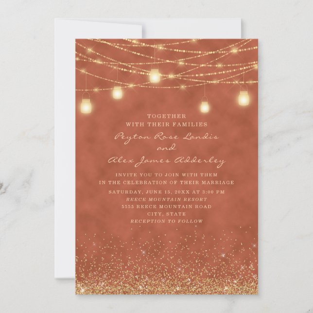 Invitación Terracotta Gold Purpurina Boda de luz de cadena (Anverso)