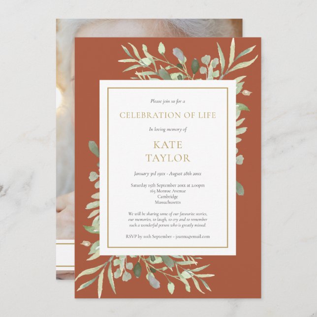 Invitación Terracotta Green Celebration of Life Photo