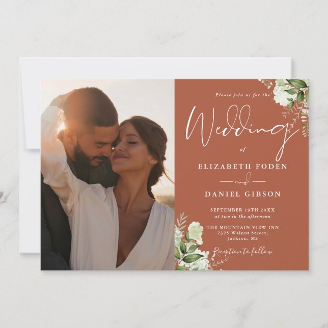 Invitación Terracotta Greenery Floral Código QR Foto Boda (Anverso)