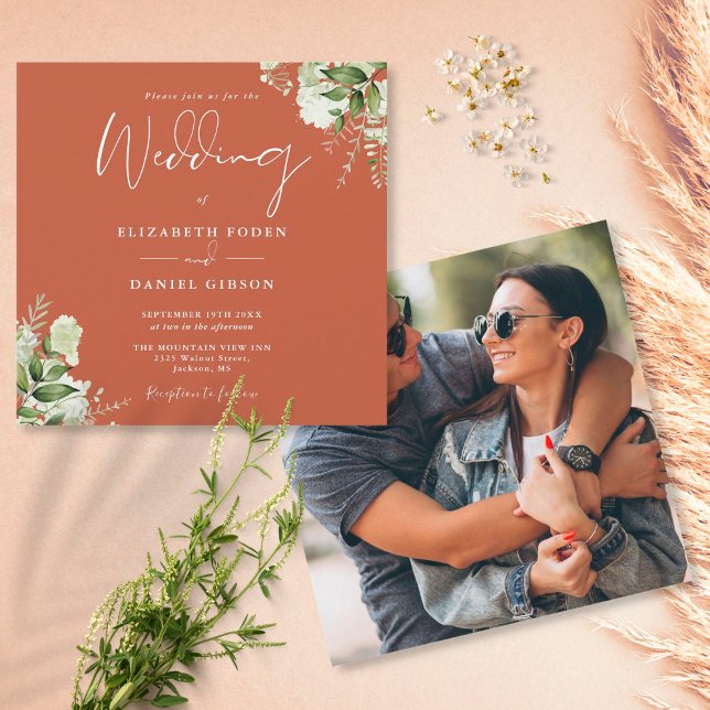 Invitación Terracotta Greenery Floral Photo Square Boda (Subido por el creador)