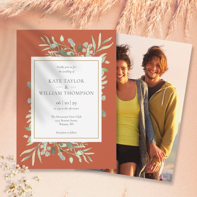 Invitación Terracotta Greenery Gold Photo Boda (Subido por el creador)