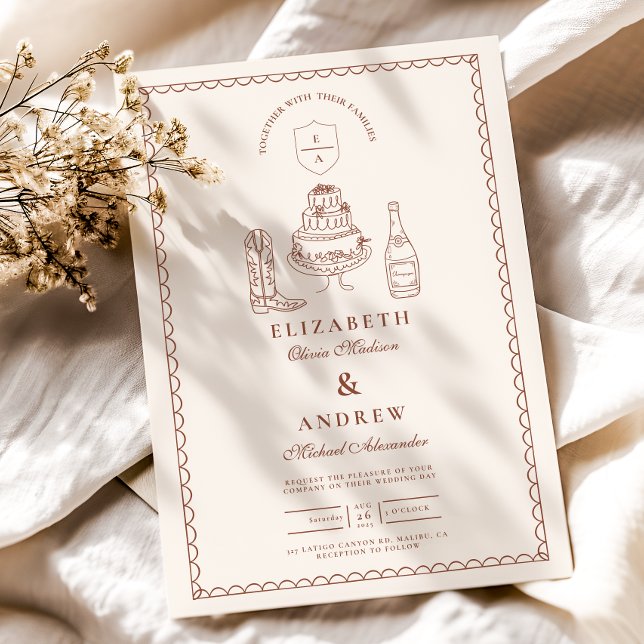 Invitación Terracotta Hand Drawn Funky Western Doodle Boda (Subido por el creador)