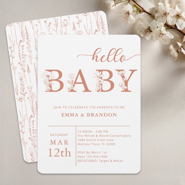 Invitación Terracotta Hello Baby Wildflower Invitation (Terracotta Baby Shower Invite)