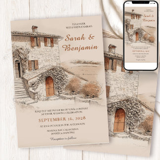 Invitación Terracotta Italian Villa Sketch Wedding