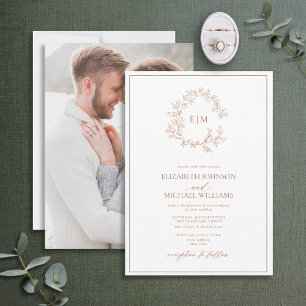 Invitación Terracotta Leafy Escudo Monograma Boda fotográfico