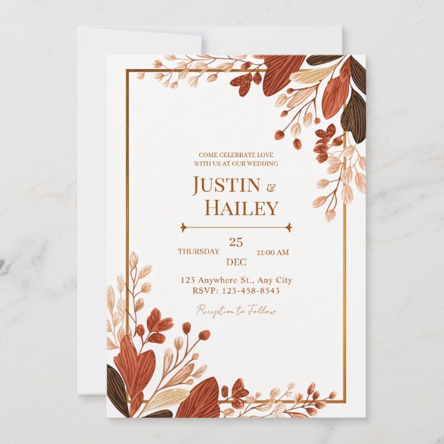 Invitación Terracotta Line Leaf Gilded Botanical Wedding (Anverso)