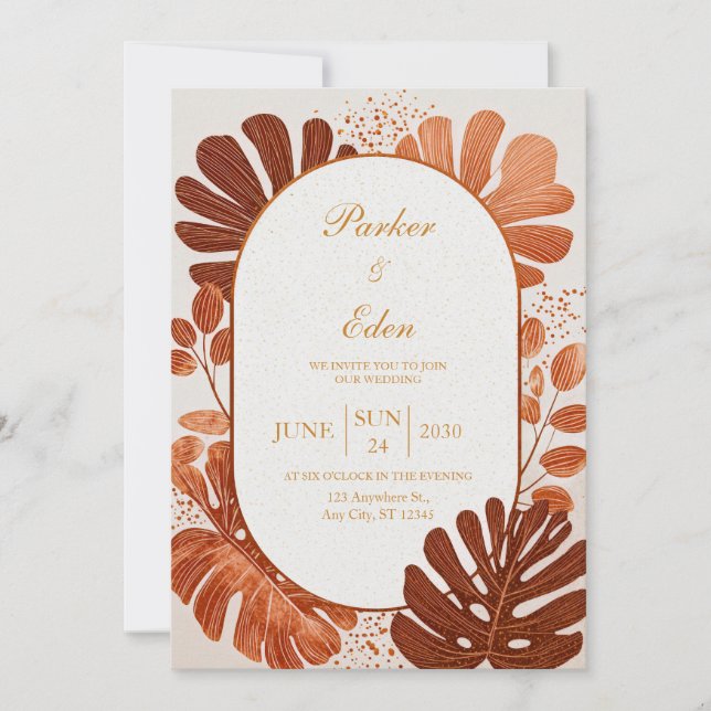 Invitación Terracotta Línea Monstera Arco de Boda Dorado (Anverso)