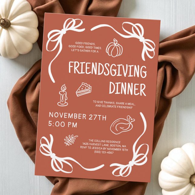 Invitación Terracotta Mano caprichosa dibuja el Bow Frienddin (Terracotta Whimsical Hand Drawn Bow Friendsgiving Invitation)