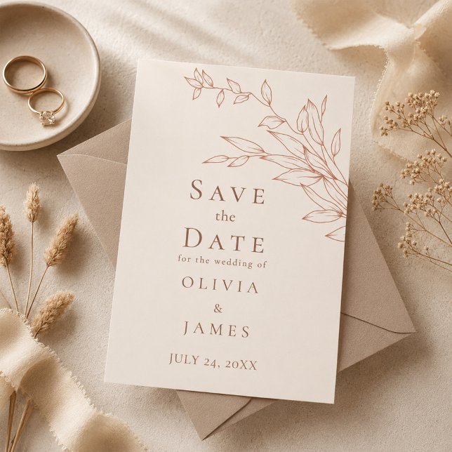 Invitación Terracotta Marfil Botánico Salva la Fecha (Terracotta Ivory Botanical Save the Date Invitation)