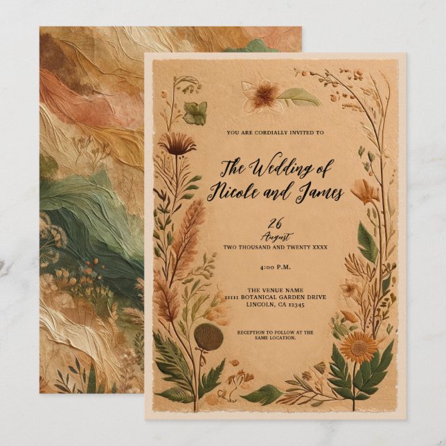 Invitación Terracotta Melocotón Flores Prensadas Boda Boho (Anverso / Reverso)