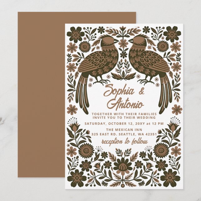 Invitación Terracotta Mexican Birds Otomi Floral Wedding (Anverso / Reverso)