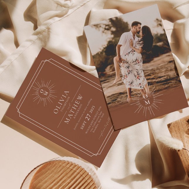 Invitación Terracotta Mid Century 70 Monograma Boda de fotogr (Subido por el creador)