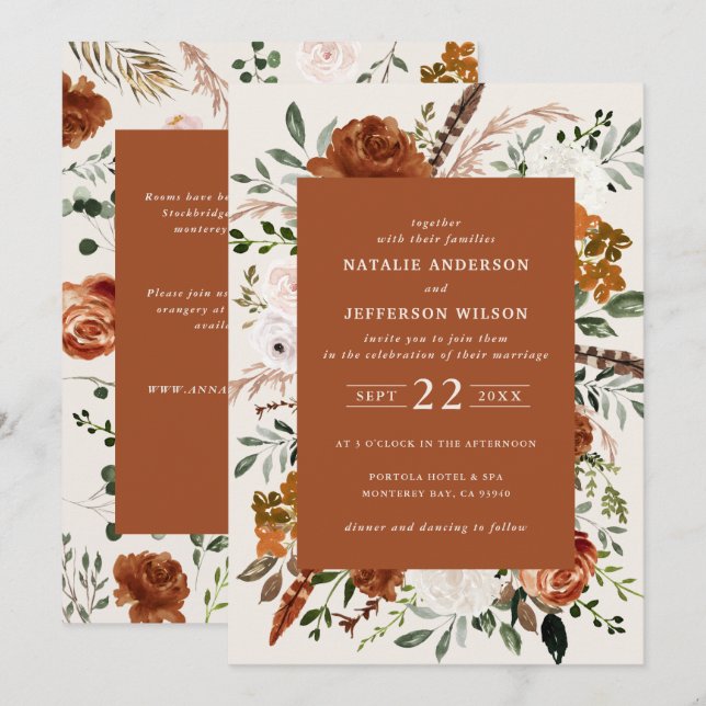 Invitación Terracotta moda floral elegante detalles de boda Q (Anverso / Reverso)