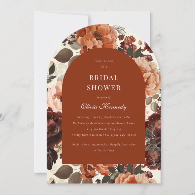 Invitación Terracotta Moderno Arco Floral Ducha Bridal (Anverso)