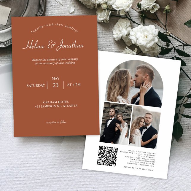 Invitación Terracotta Moderno Código QR Foto Boda Elegante (Terracotta Modern QR Code Photo Elegant Wedding Invitation)