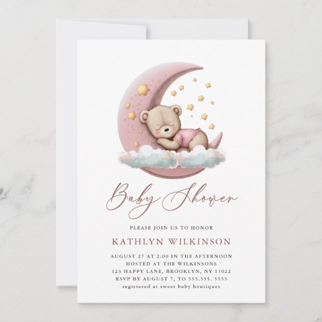 Invitación Terracotta Moon Pink Teddy Bear Chica Baby Shower (Anverso)