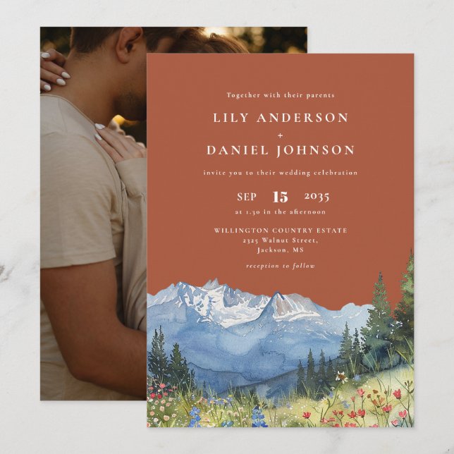 Invitación Terracotta Mountain Wildflower Photo Wedding (Anverso / Reverso)