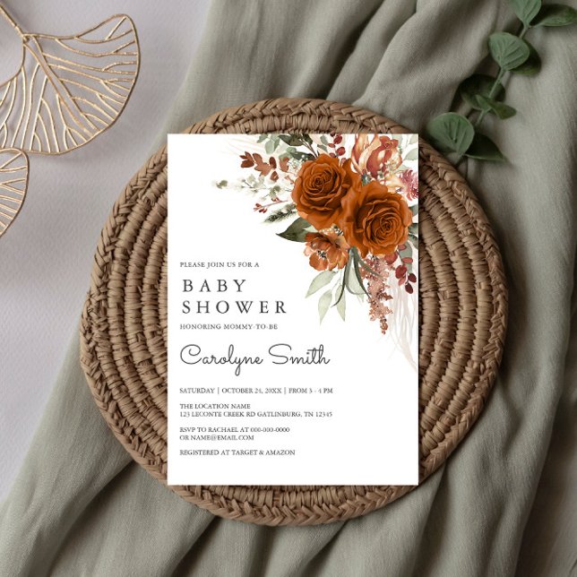 Invitación Terracotta Naranja de quemado floral Boho Baby Sho (Subido por el creador)