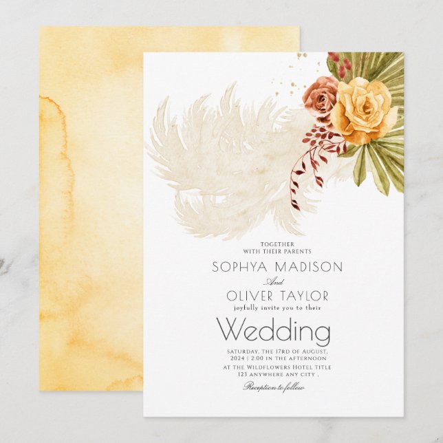 Invitación Terracotta Naranja Floral Rustic Boho Boda (Anverso / Reverso)