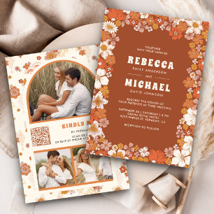 Invitación Terracotta Naranja Groovy Retro Boda de flores sil