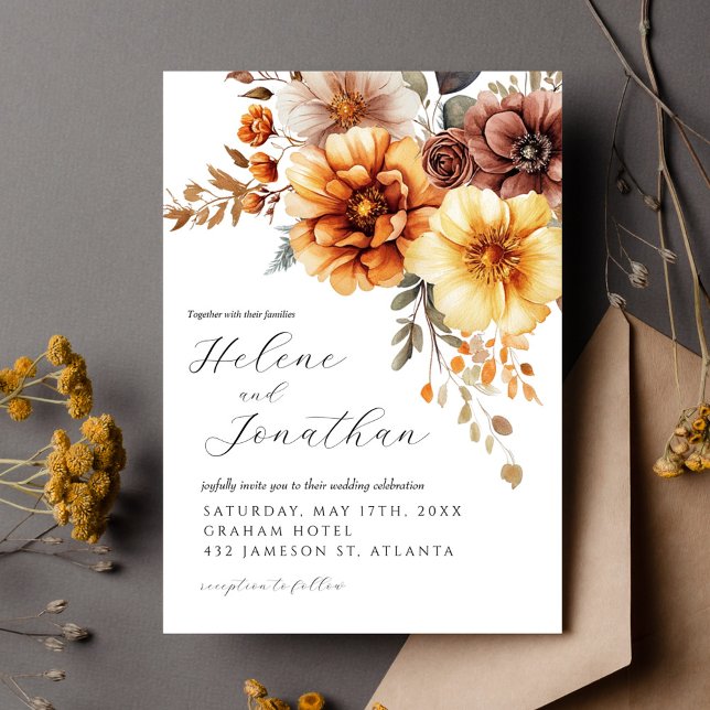 Invitación Terracotta Naranja Quemada Floral Elegante Boda (Floral Burnt Orange Terracotta Elegant Wedding Invitation)