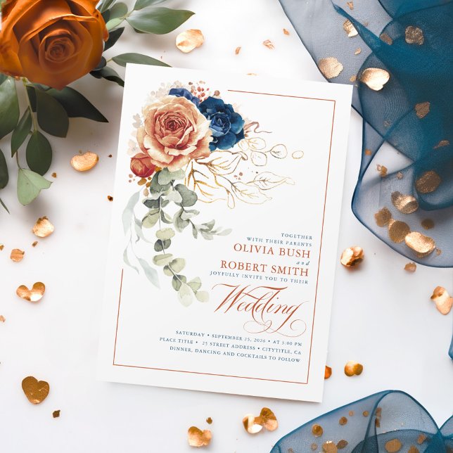 Invitación Terracotta Naranja quemado Boda floral azul de la  (Terracotta and Navy Blue Boho Wedding Invitations)