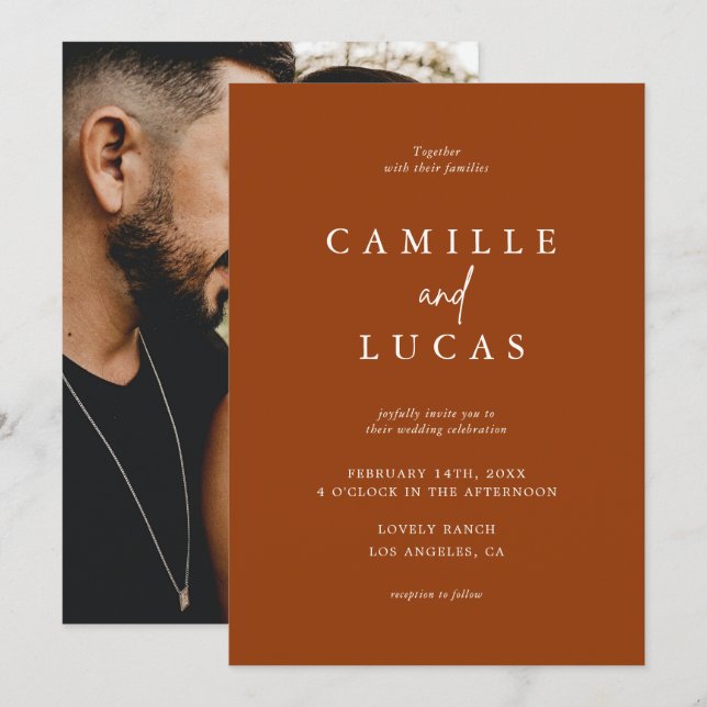 Invitación Terracotta Naranja quemado por óxido Boda de foto (Anverso / Reverso)