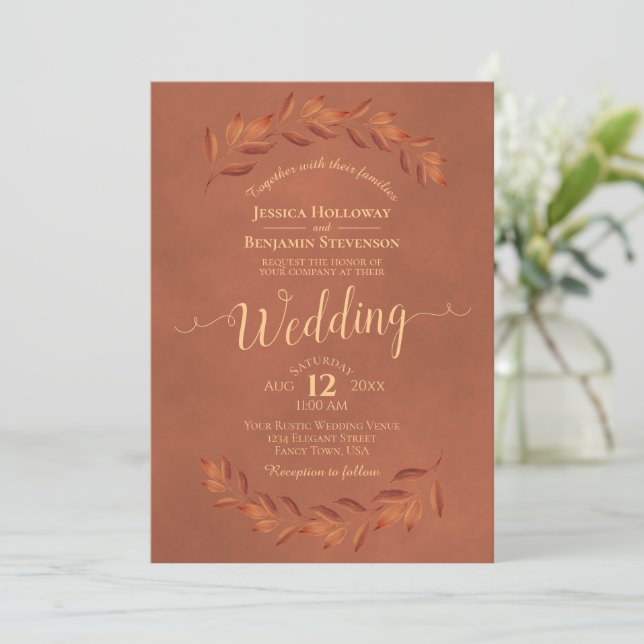 Invitación Terracotta Naranja Watercolor Laurel deja Boda (Anverso de pie)