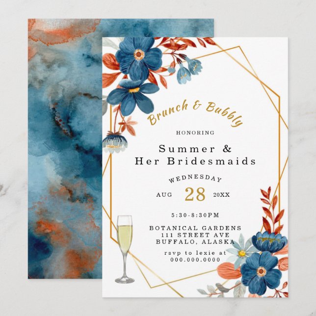 Invitación Terracotta Naval Azul Brunch y Bubbly (Anverso / Reverso)