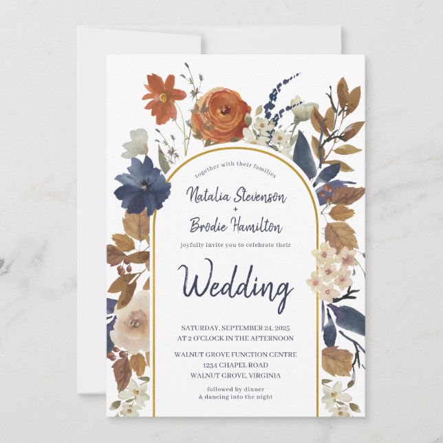 Invitación Terracotta Naval Azul Floral Boho Boda (Anverso)