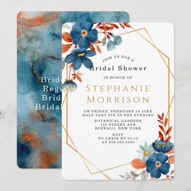 Invitación Terracotta Naval Azul Floral Bridal Shower (Anverso / Reverso)
