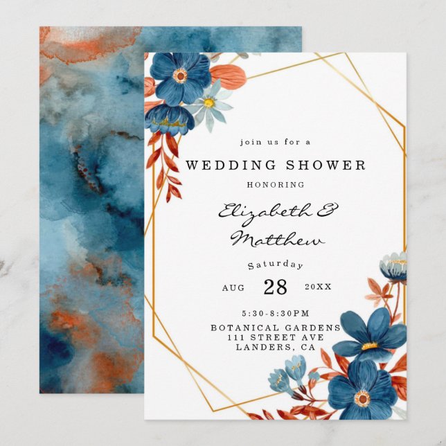 Invitación Terracotta Navy Blue Gold Floral Wedding Ducha (Anverso / Reverso)