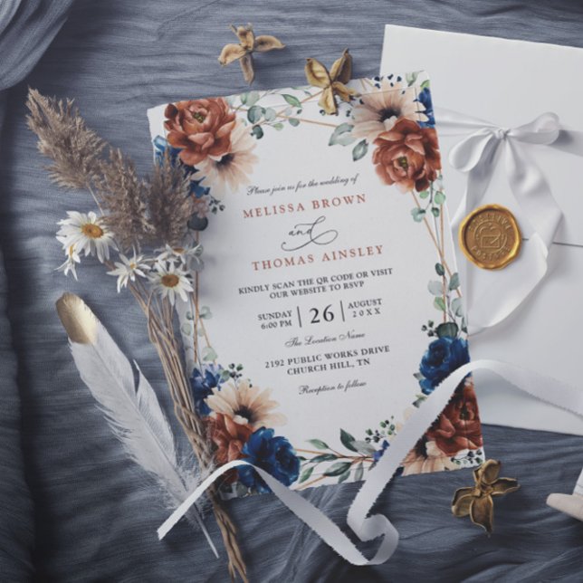 Invitación Terracotta Navy Blue Greenery Chic QR Code Wedding (Subido por el creador)