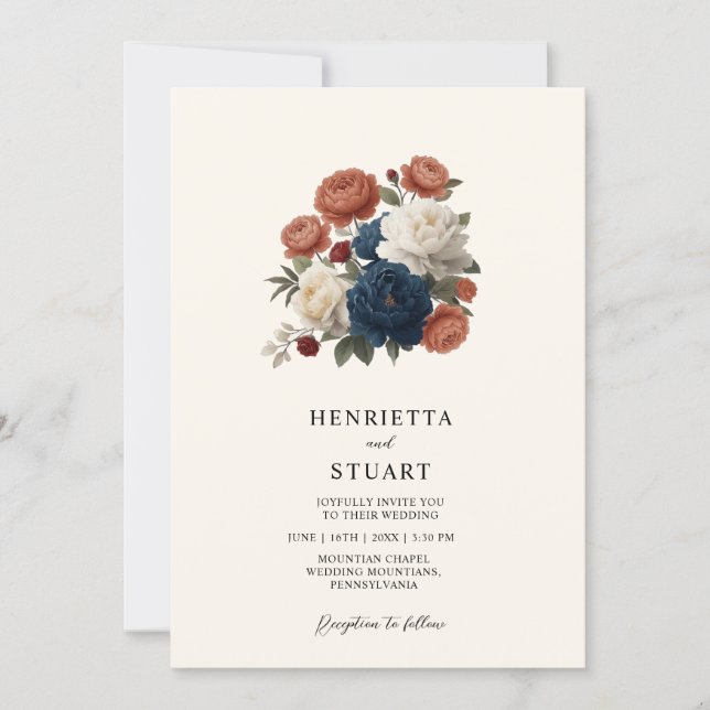 Invitación Terracotta Navy Floral all in one Wedding Invite (Anverso)