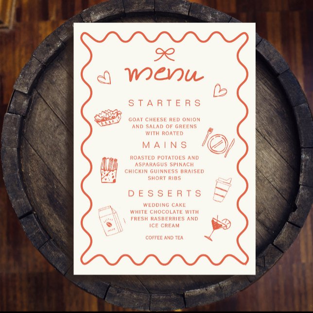 Invitación Terracotta Orange Coquette Bow Spanish Menu (Terracotta Orange Coquette Bow Spanish Menu Invitation#zazzlemade#zazzlefinds #minimalism #drawnmenu)