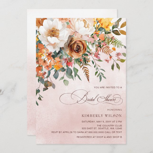 Invitación Terracotta Orange Floral Fall Bridal Shower (Anverso / Reverso)