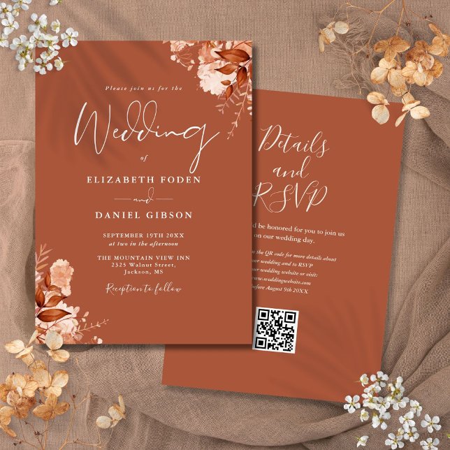 Invitación Terracotta otoño otoño Floral QR Boda de código (Terracotta Autumn Fall Floral QR Code Wedding Invitation)