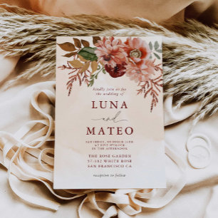 Invitación Terracotta otoño y Boda floral borgoña