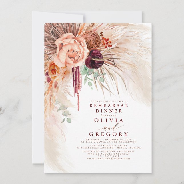 Invitación Terracotta Pampas Ensayo Grass Floral Cena En (Anverso)