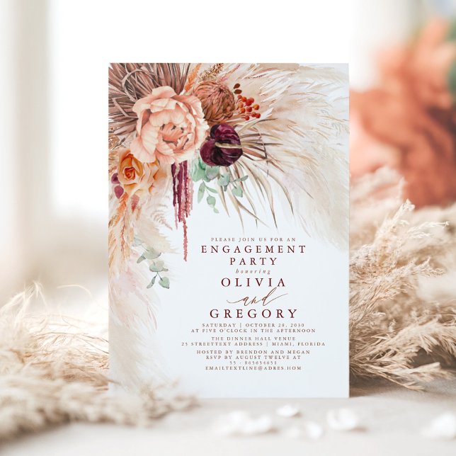 Invitación Terracotta Pampas Grass Floral Engagement Party (Terracotta Floral Engagement Party Invitation)