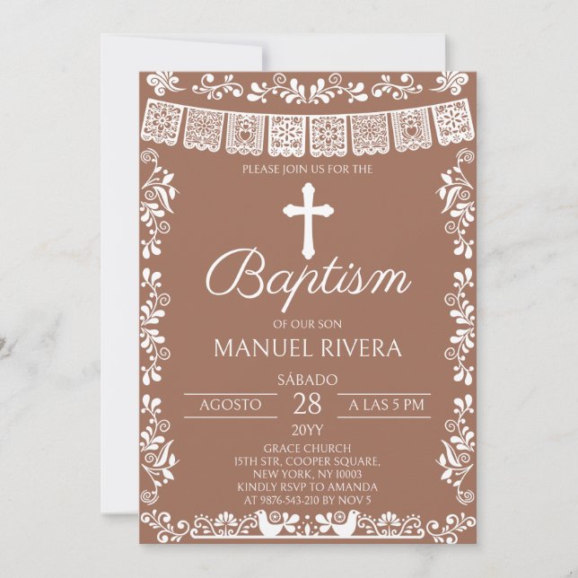 Invitación Terracotta Papel Picado Baptism (Anverso)