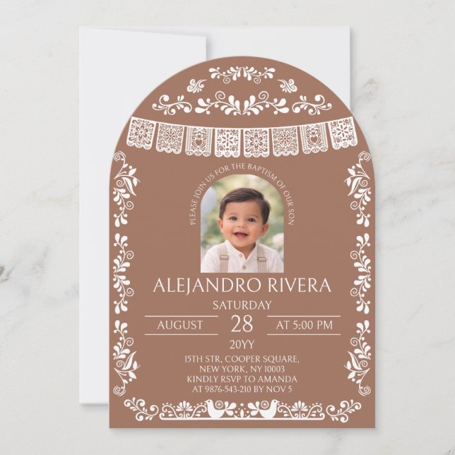 Invitación Terracotta Papel Picado Baptism Boy Arch Photo (Anverso)